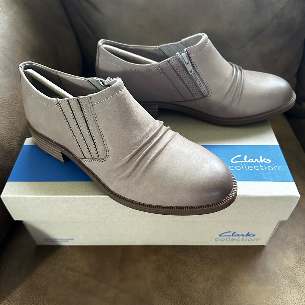Clarks Taupe Leather Ankle Booties with Side Zipper